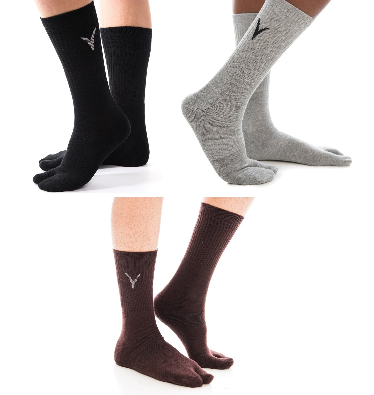 3 Pairs Athletic - V-Toe Flip Flop Tabi Big Toe Crew Sports Or Casual Black Solid Socks