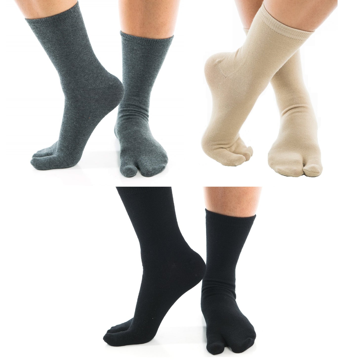 3 Pairs - Split-Toe Tabi Socks Black, White, Khaki and Grey Options Solid Casual Crew