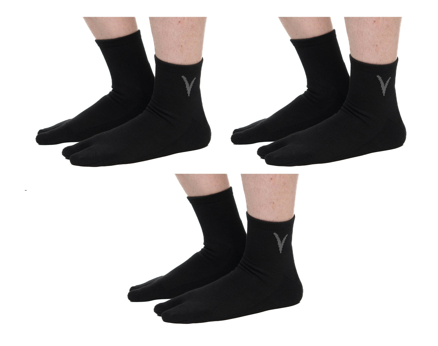 V-Toe Flip-Flop Socks Brand 3 Pairs Thicker Mini Crew - Black Solids
