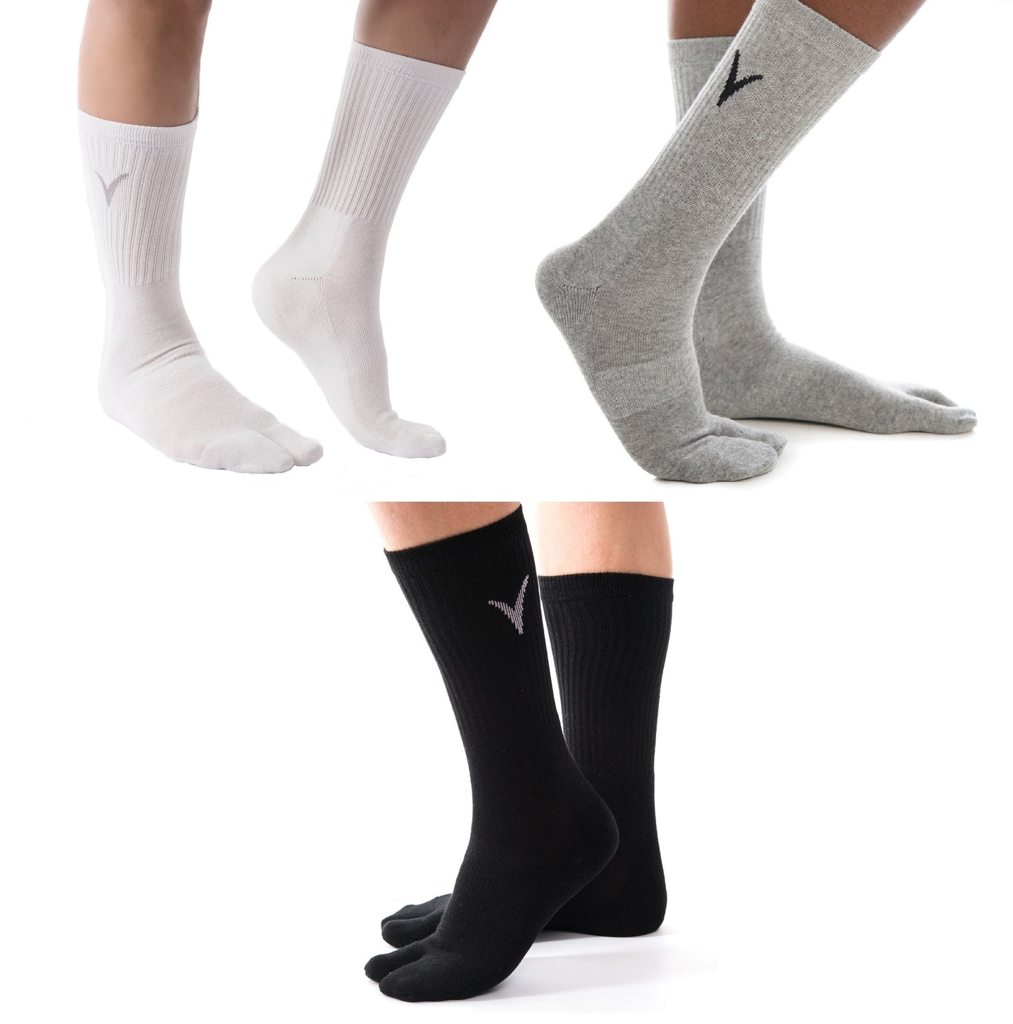 3 Pairs Athletic - V-Toe Flip Flop Tabi Big Toe Crew Sports Or Casual Black Solid Socks