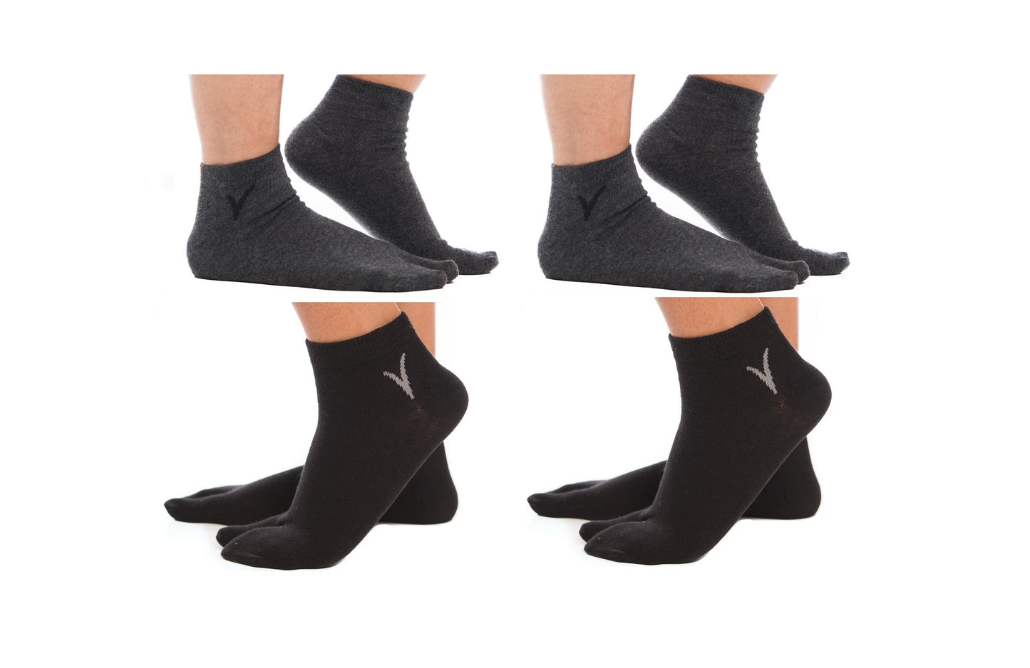4 Pairs - 2 Black, 2 Gunmetal Grey Ankle Casual V-Toe Flip-Flop Tabi Big Toe Socks
