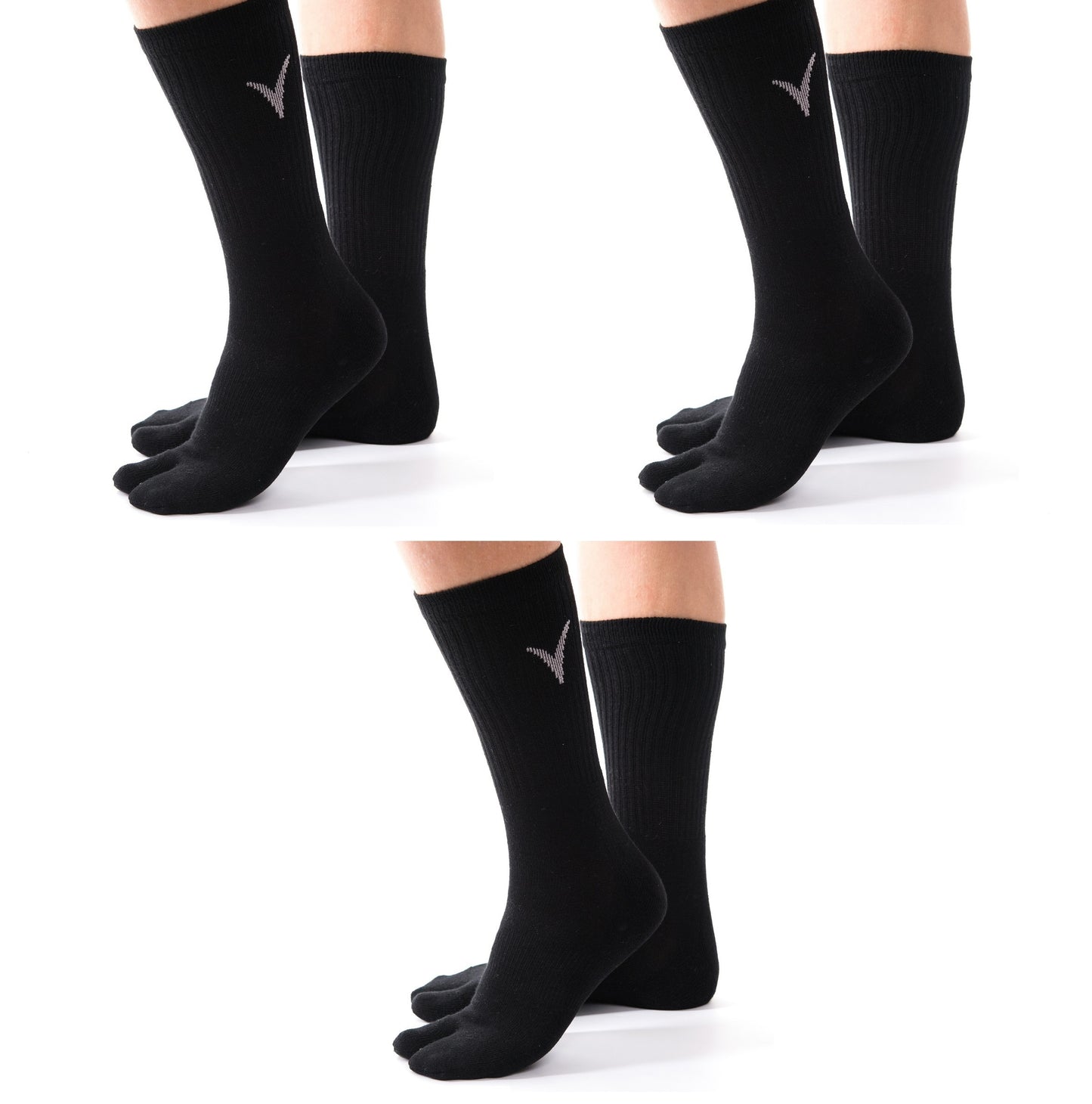 3 Pairs Athletic - V-Toe Flip Flop Tabi Big Toe Crew Sports Or Casual Black Solid Socks