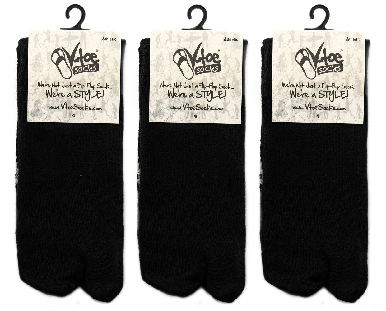 3 Pairs Athletic -  V-Toe Flip Flop Tabi Big Toe Crew Sports Or Casual Black Solid Socks