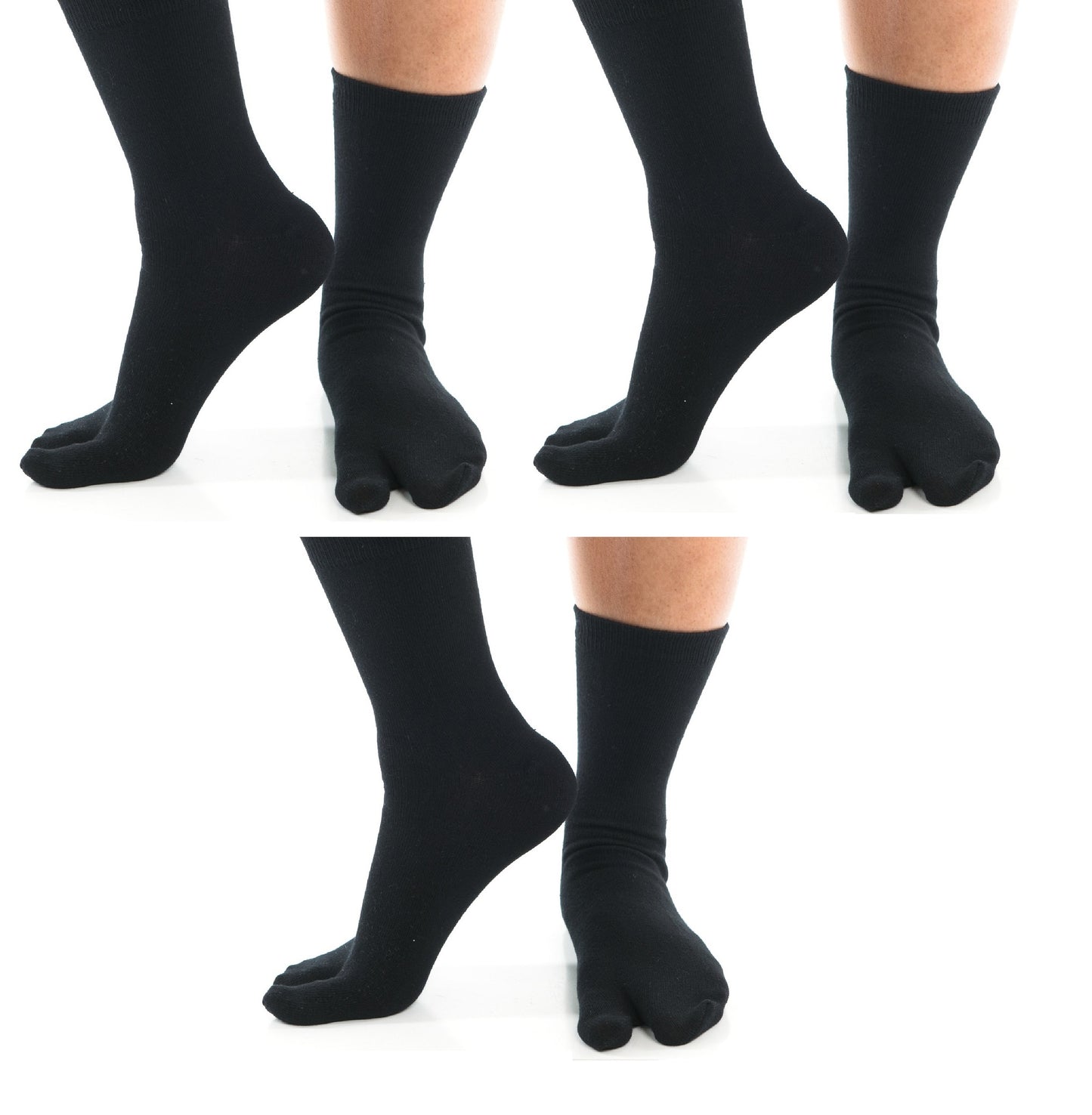 3 Pairs - Split-Toe Tabi Socks Black, White, Khaki and Grey Options Solid Casual Crew