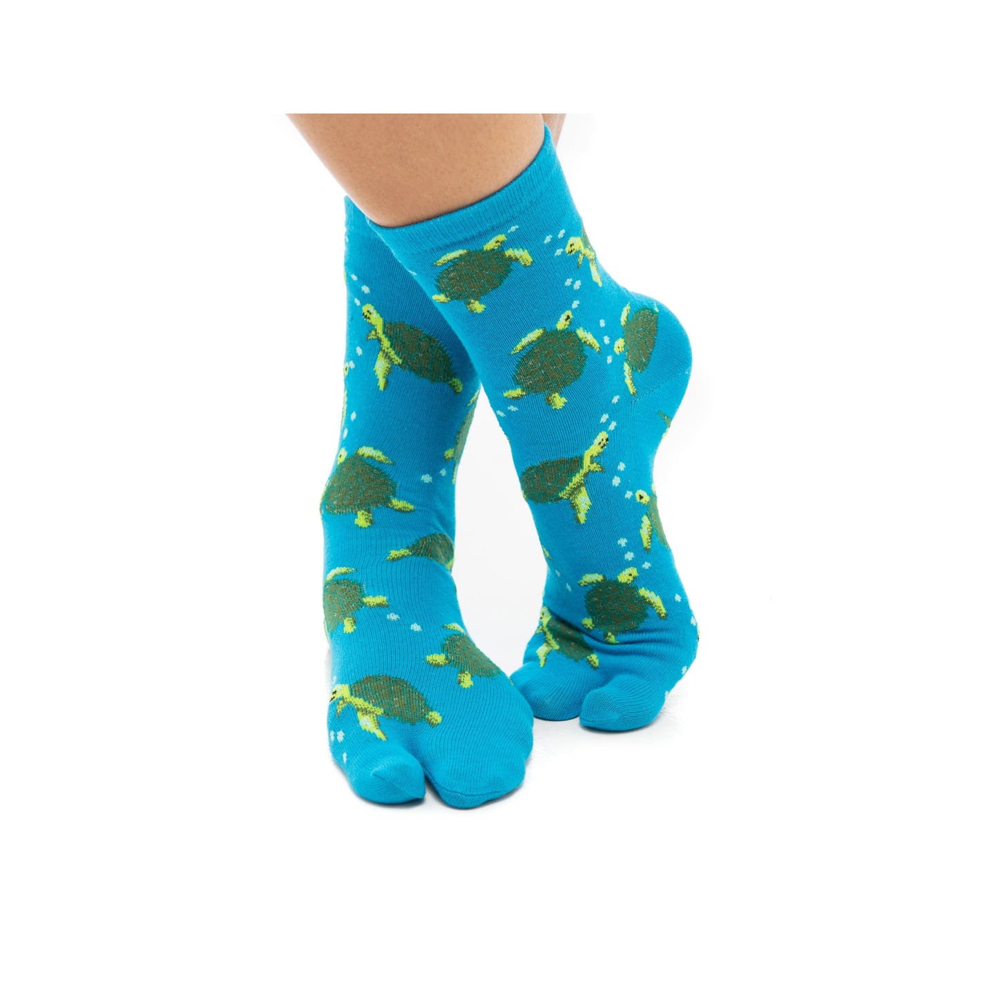 1 Pair - V-Toe Flip Flop Tabi Socks - Turquoise with Green Turtle