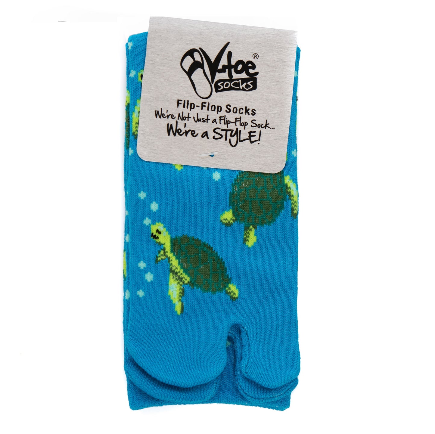 1 Pair - V-Toe Flip Flop Tabi Socks - Turquoise with Green Turtle