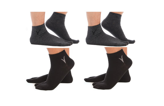 4 Pairs - 2  Black, 2 Gunmetal Grey Ankle Casual V-Toe Flip-Flop Tabi Big Toe Socks