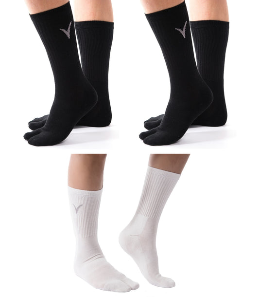 3 Pairs V-Toe 2 Black, 1 White Flip-Flop Tabi Big Toe Crew Socks Comfortable Stylish For Men And Women Fun Socks