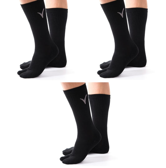 3 Pairs Athletic -  V-Toe Flip Flop Tabi Big Toe Crew Sports Or Casual Black Solid Socks