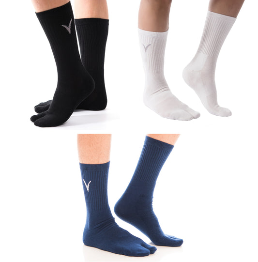 3 Pairs V-Toe Flip-Flop Thicker Tabi Big Toe Crew Socks For Men And Women Fun Socks Black, White, Blue