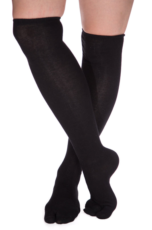 1 Pair - V-Toe Flip Flop Tabi Socks - Over The Knee Black Solid