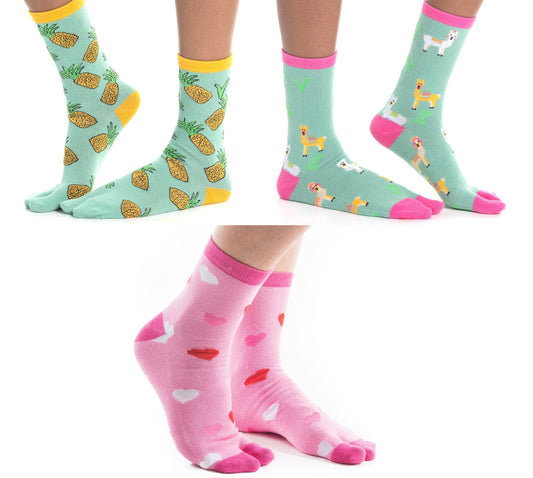 V-Toe Flip-Flop Tabi Socks 3 Pairs Pineapple, Llama Green, Hearts Tabi Big Toe Socks