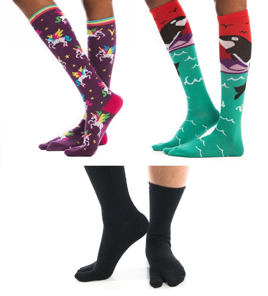 3 Pairs V-Toe Split-Toe Flip Flop Big Toe Socks Unicorn, Orca, Black